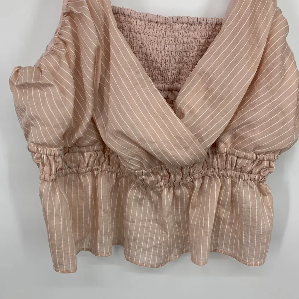 Anthropologie Maeve Top Shirred Peplum Crop Pink Stripe Sleeveless